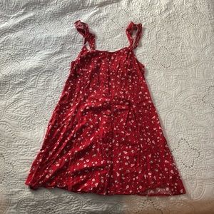 red floral sundress spaghetti straps button front